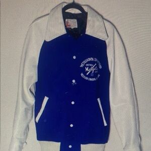 Vintage '77 Blue Varsity Jacket W White Leather Sleeves Wetaskiwin Sportshop S